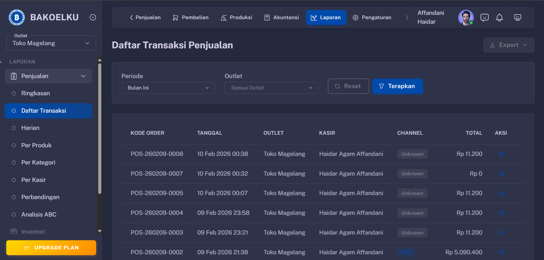 Daftar Transaksi Interface
